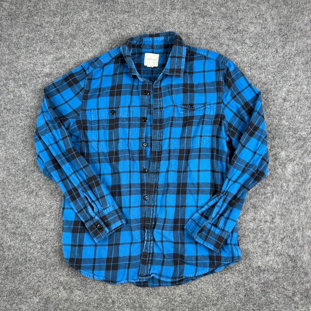 American Eagle Flannel Mens Size L Blue Black Plaid Cotton Long Sleeve Casual